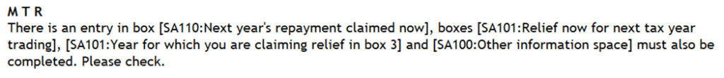 image 4 | Personal Tax- MTR There is an entry in box [SA110:Next year's repayment claimed now], box [SA101: relief now etc