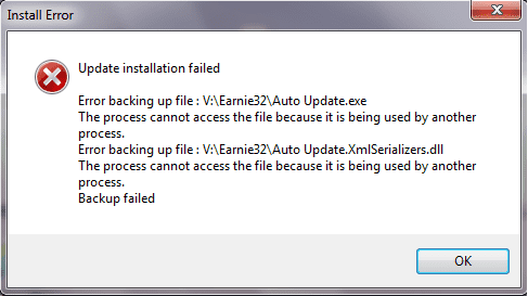 update installation failed error backing up file auto update.exe the process cannot access the file because it is being used by another process error backing up file xmlserializers.dll back up failed