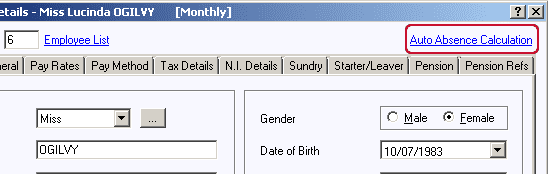 Location of auto absence calculation in employee details