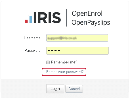 OpenEnrol Open Enrol OpenPayslips Open Payslips log in screen password reset forgot your password