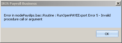 error in modepayslips.bas::routine:RunOpenPAYEExport Error 5 - Invalid procedure call or argument mode payslips bas routine Run Open PAYE Export