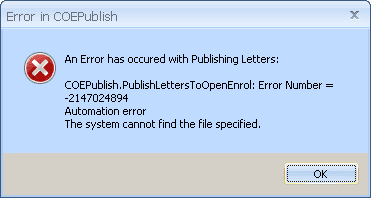 Error in COEPublish An error has occured with publishing letters COEPublish Publishletterstoopenenrol error number 20147024894 automation error