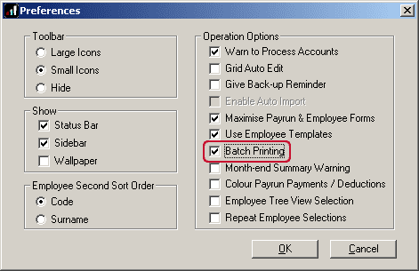 location of batch printing option in operator preferences