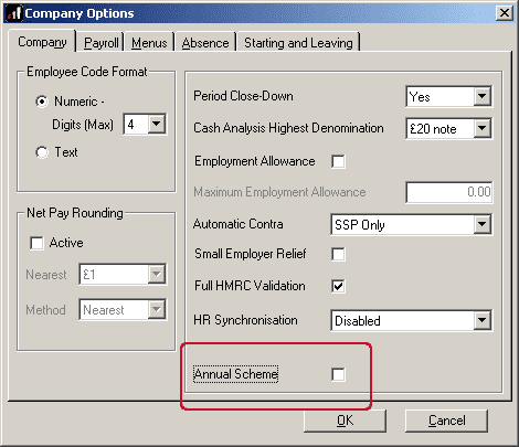 locating the annual scheme indicator tick box in company options