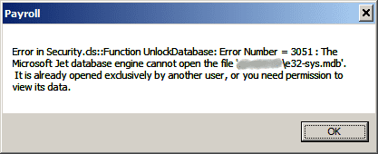 Error in security function unlock database 3051 the microsoft jet database engine cannot open the file it is already opened exclusivly by another user or you need permission to view its data