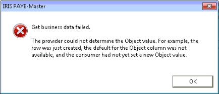 get business data failed the provider could not determine the object value for example the row was just created the default for the object column was not available and the consumer had not yet set a new object value
