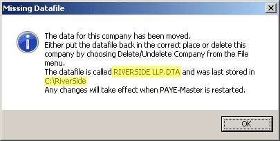 PM MssDTA 2 | Missing Datafile message when opening a company in PAYE-Master