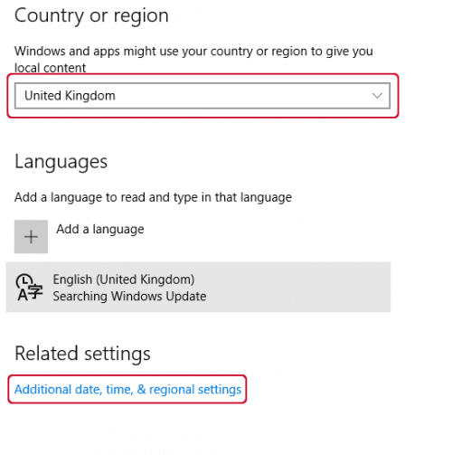 Windows 10 country and region selection