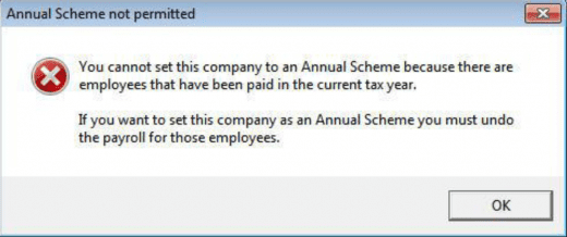you cannot set this company to an annual scheme because there are employees that have been paid in the current tax year