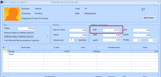 SSP statutory sick pay manual entry on pay variations