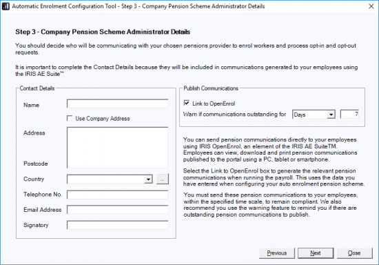 resizedimage550384 Mul AECnf 42 | AE Config Tool - Step 3 - Contact details of the pension administrator at your company
