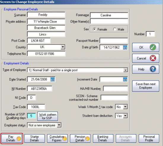 GP Payroll Employee details screen