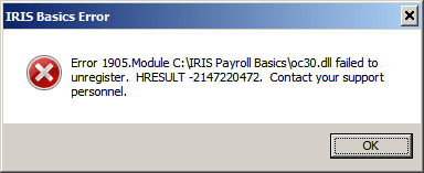 error 1905 oc30.dll oc30 dll failed to unregister -2147220472 2147220472 Contact your support personnel