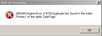 DBISAM Engine Error # 9729 Duplicate Key found in the index primary of the table cashtags