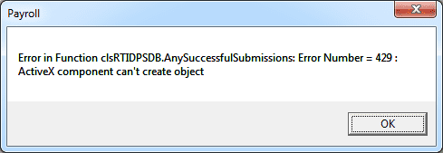 Error in function cls RTIDPSDB any successful submissions Error Number 429 ActiveX Active X component can't create object