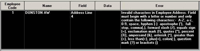 Invalid characters in employee address. Field must begin with a letter or number and only contain the following characters