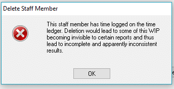 delete staff member | Staff member cannot be deleted as time is logged on the time ledger