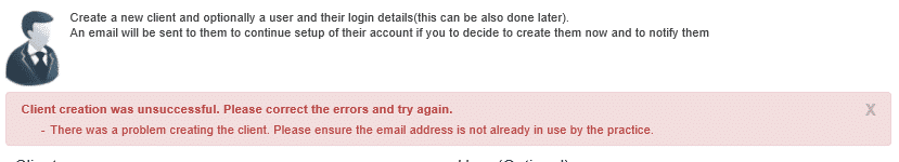 Openspace already in use | OS-109 : When adding a client in OpenSpace, a message appears about being in use by the practice or Email address not available