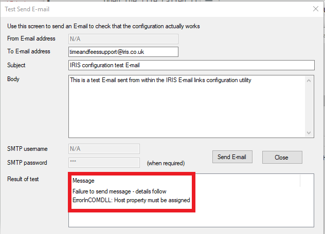 error in commdll 1 | ErrorInCOMDLL: Host property must be assigned when trying to send a test email