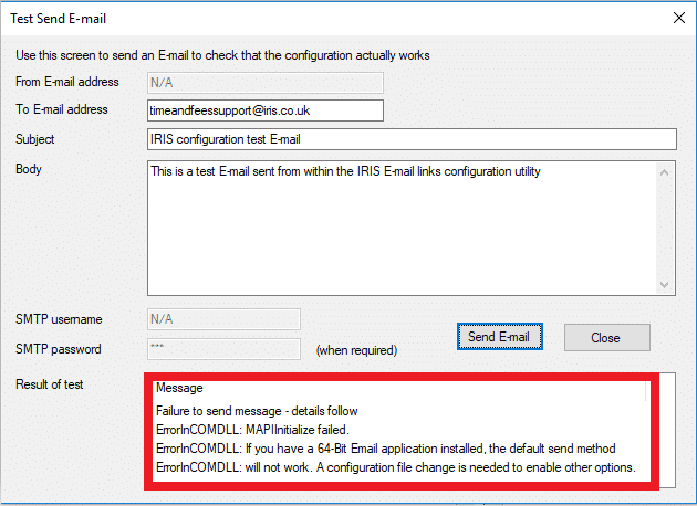 mapi failed | Test Send E-mail error - MAPIInitialize Failed