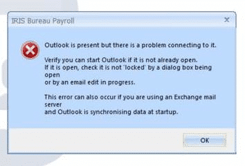 Outlook is present but there is a problem connecting to it.

Verify you can start Outlook if it is not already open. 

If it os open, check it is not locked by a dialog box being open or by an email edit in progress

This error can occur if you are using an Exchange mail server and Outlook is synchronising data at startup