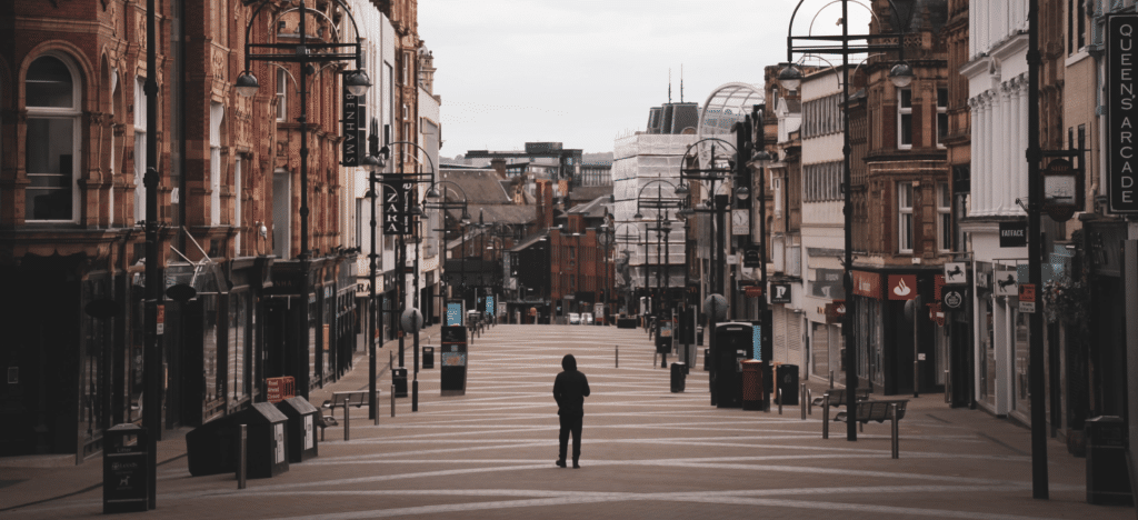 A devastated UK highstreets during the covid-19 pandemic protected by the furlough scheme.