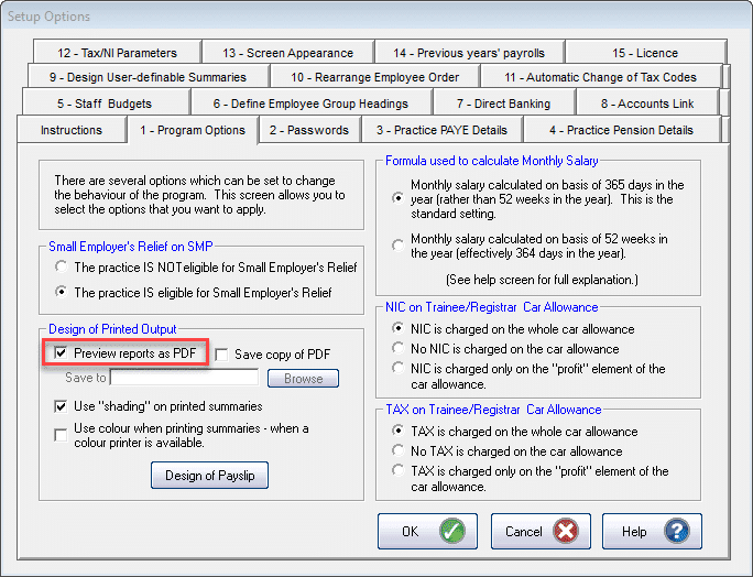 Highlighing the location of the preview to pdf option in GP payroll.