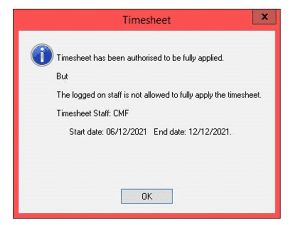 image 11 | IRIS 21.4.0- Timesheet has not been authorised to be fully applied