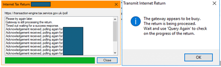 image 29 | Business/Personal Tax Transmitting: Pending status, Polling Again and Gateway busy, Establish connection