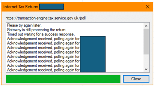 image 31 | Business/Personal Tax Transmitting: Pending status, Polling Again and Gateway busy, Establish connection