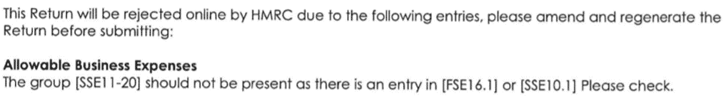 image 11 | Personal Tax: Allowable Business Expenses-group [SSE11-20] should not be present as there is an entry in [FSE16.1] or [SSE11-20] and 3001 8567