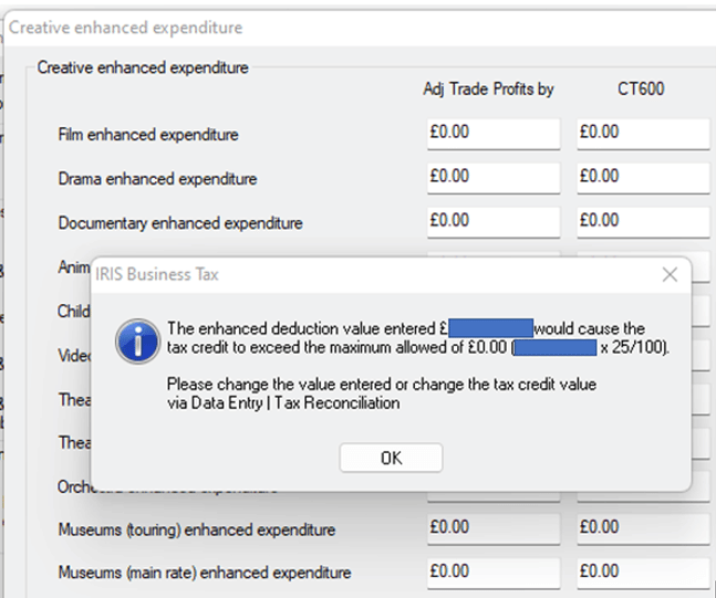 image 8 | Business Tax- Cannot edit values in Creative Expenditure 665 or Creative tax credit 540