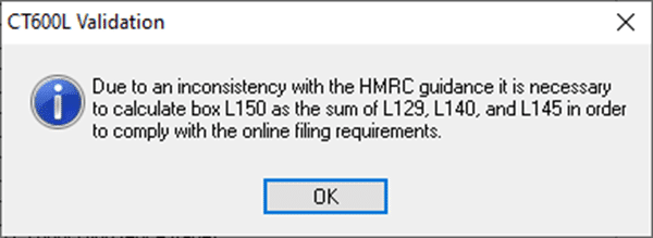 image 1 | Business Tax- CT600L Due to inconsistency with HMRC guidance - calc Box L150 as sum of L129,L140 and L145.
