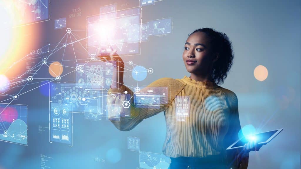 Woman surrounded by technology