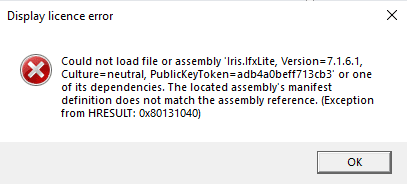 Could not load file or assembly 'Iris.lfxLite, Version=7.1.6.1, Culture=neutral, PublicKeyToken=adb4a0beff713cb3' or one of its dependencies. The located assembly's manifest definition does not match the assembly reference. {Exception from HRESULT: 0x80131040}
