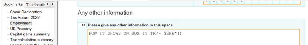 image 57 | Personal Tax- TR7 Box 19 not showing £ and % symbols on generated return