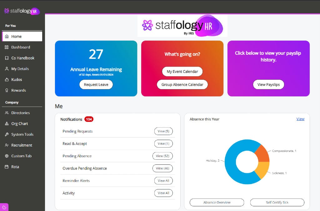 Staffology HR Management dashboard image - Just one of many IRIS HR solutions