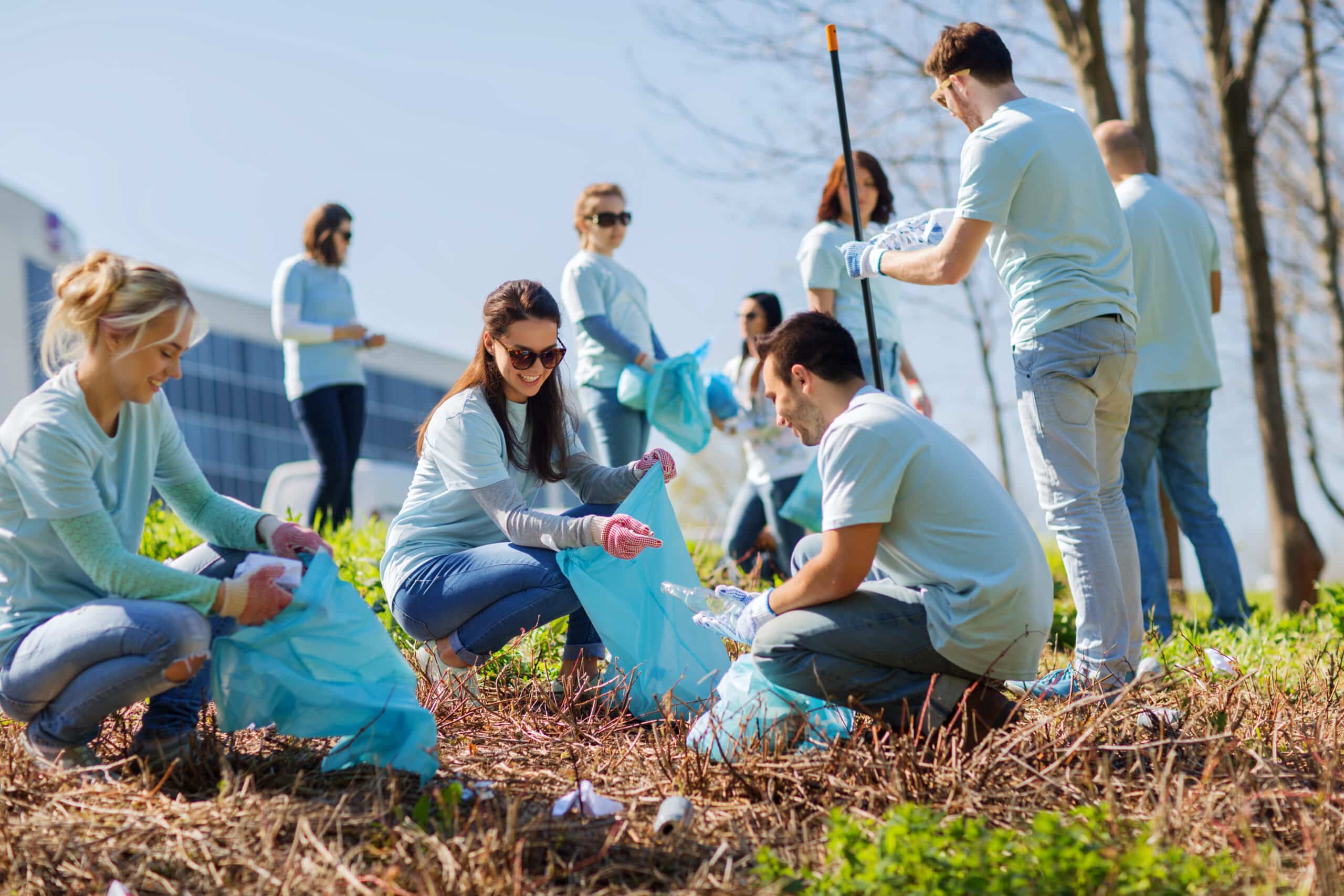 Charity workers picking up litter