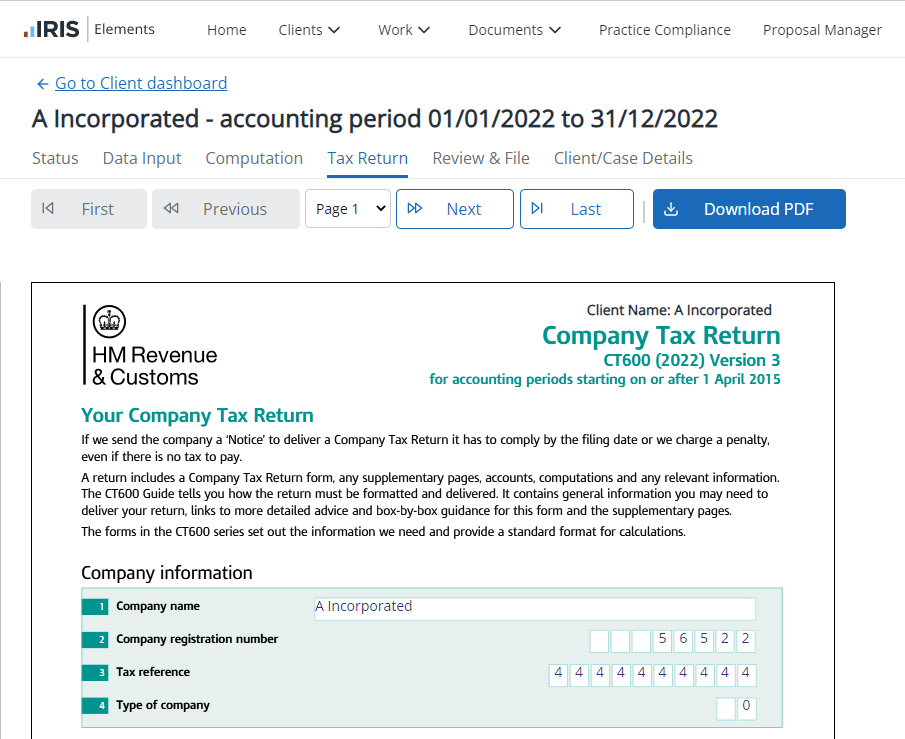 Corporation tax screenshot