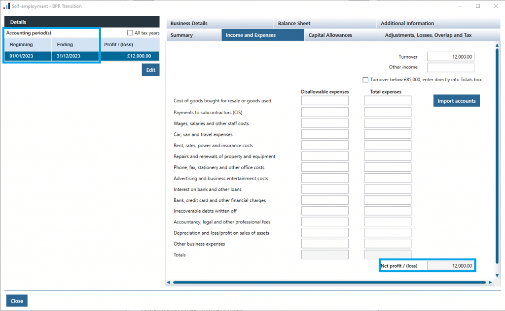 BPR Screenshot 1 | PTP TR - Self Employment entries for Basis Period Reform with two sets of accounts