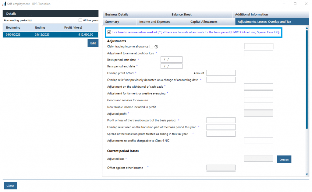 BPR Screenshot 2 | PTP TR - Self Employment entries for Basis Period Reform with two sets of accounts