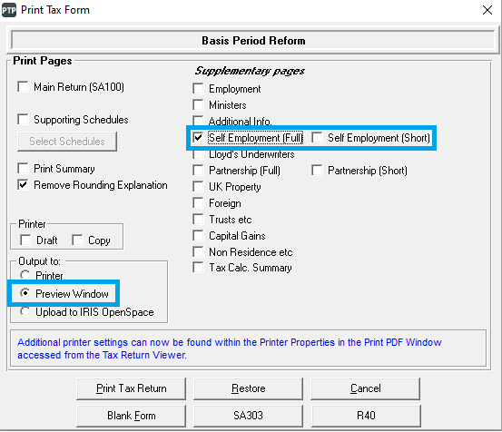 BPR Screenshot 3 | PTP TR - Self Employment entries for Basis Period Reform with two sets of accounts