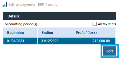 BPR Screenshot 5 | PTP TR - Self Employment entries for Basis Period Reform with two sets of accounts