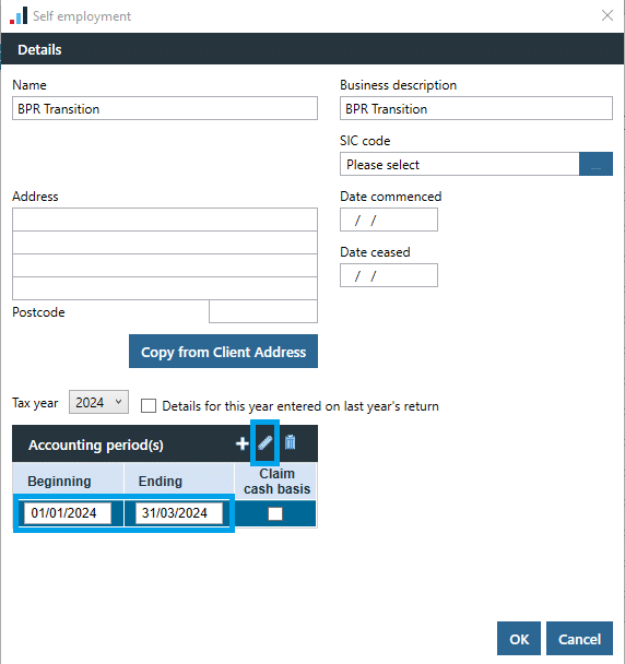 BPR Screenshot 6 | PTP TR - Self Employment entries for Basis Period Reform with two sets of accounts