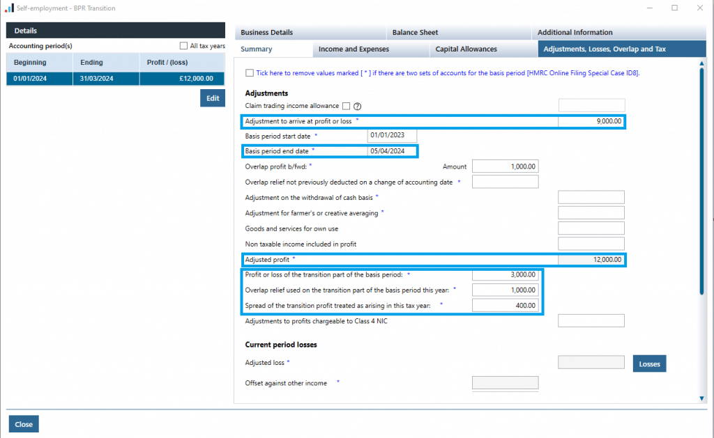 BPR Screenshot 7 | PTP TR - Self Employment entries for Basis Period Reform with two sets of accounts