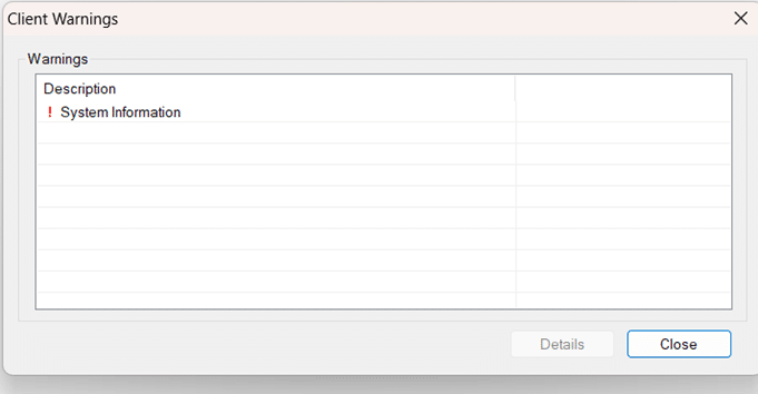 image | Business Tax- Client warnings 'System info', client has no chart connection or parameters invalid